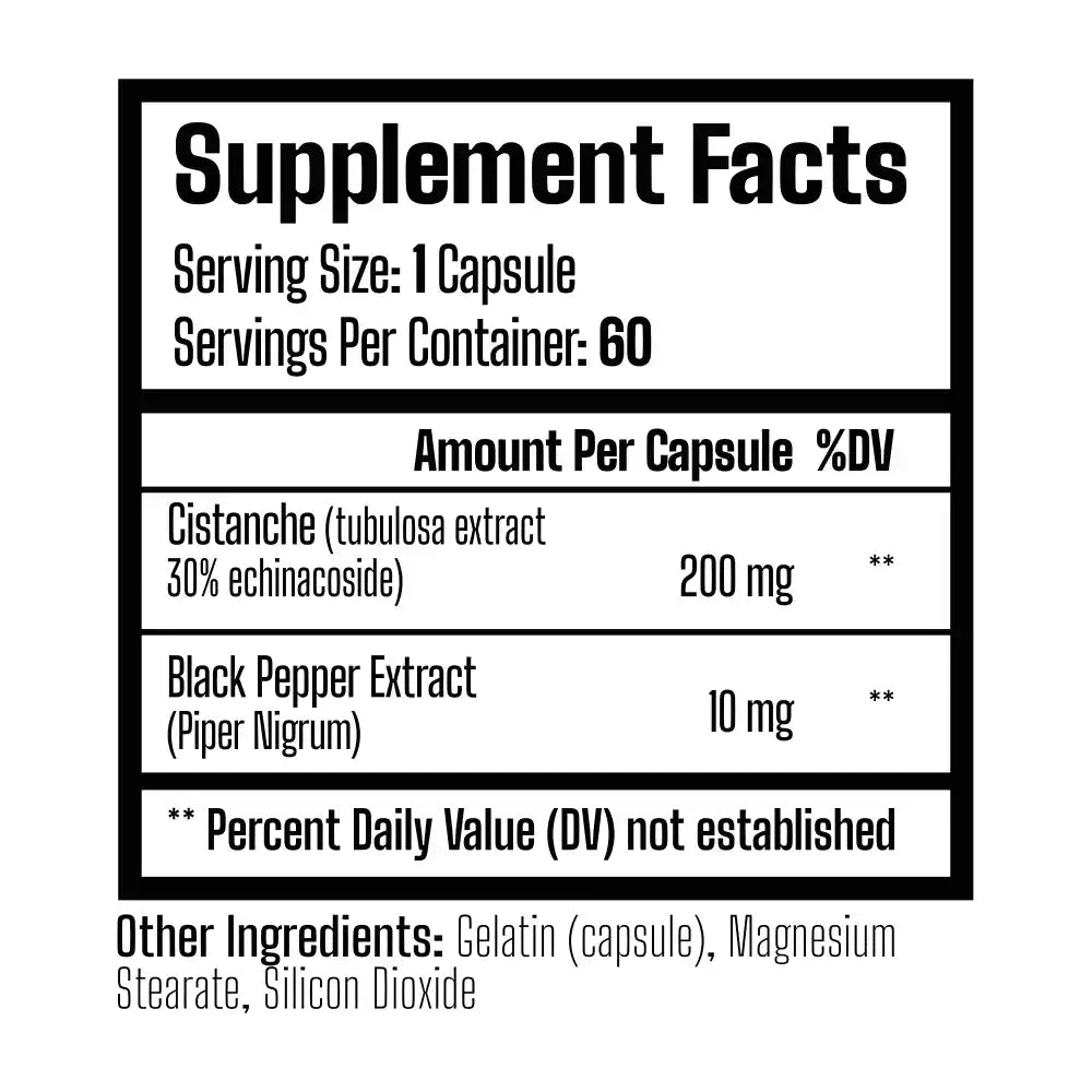 Cistanche från Muscle Rage – innehåll per kapsel: 200 mg cistancheextrakt och 10 mg svartpepparextrakt