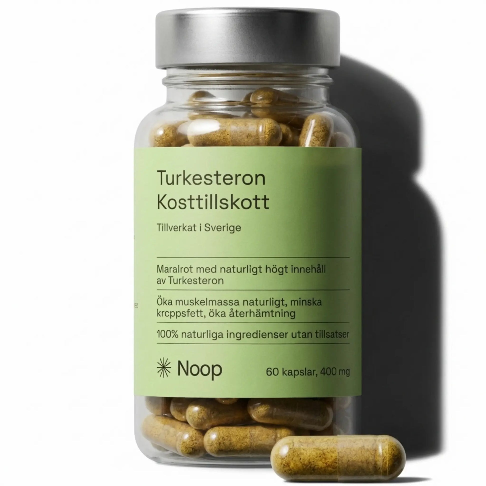 Turkesteron Noop, 60 kapslar, 400 mg – förpackningens framsida, studiobild med dramatisk skugga